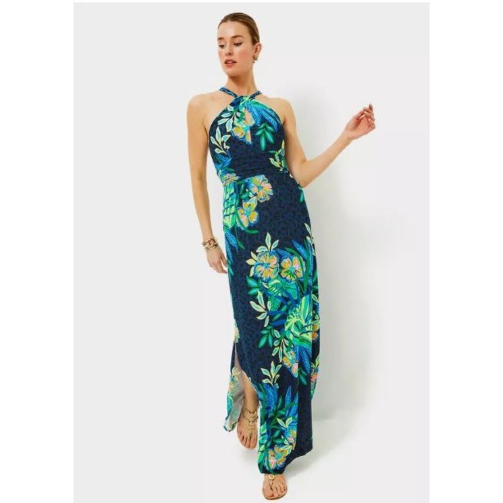 Lilly Pulitzer Orla Maxi Dress Navy & Blue Tropical Floral Halter XXS Resort NWT - Picture 2 of 13